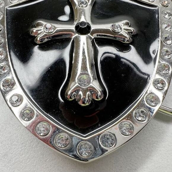 Rhinestone Cross Shield Black Silver Belt Buckle Western Gothic Statement ✨ - Picture 9 of 12
